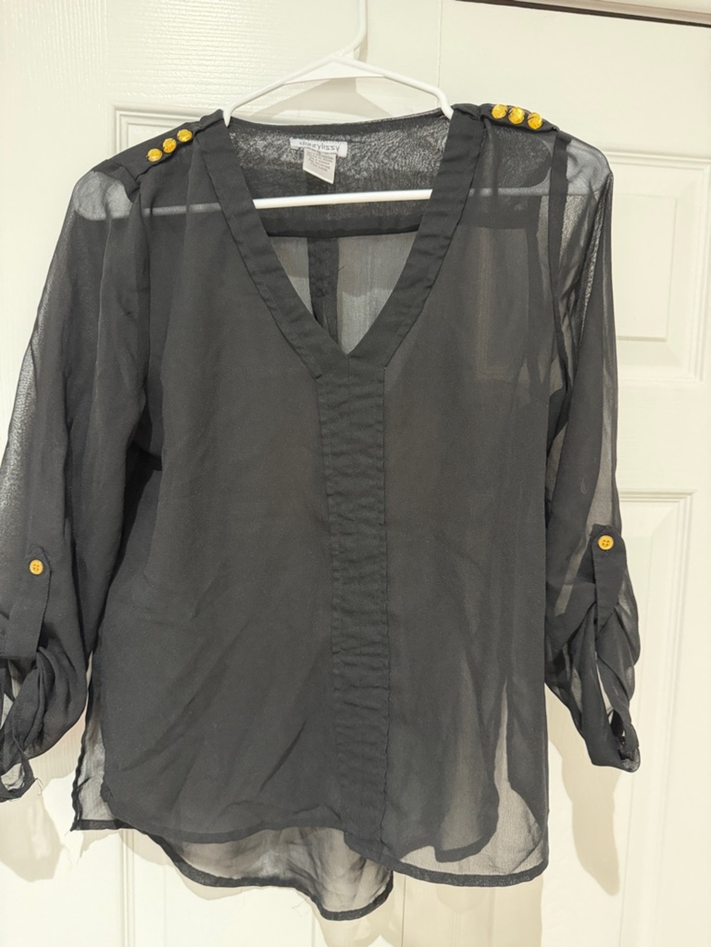 Sheer V-Neck Button-Accent Women’s Top - Black